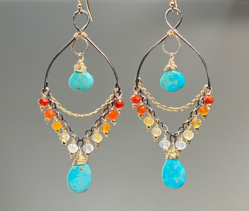 Turquoise Gemstone Mexican Fire Opal Mixed Metal Chandelier Earrings