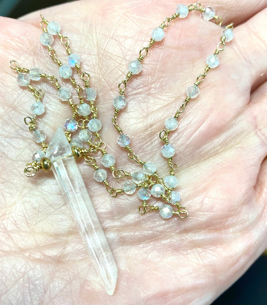 Dainty Rainbow Moonstone and Crystal Quartz Necklace Gold