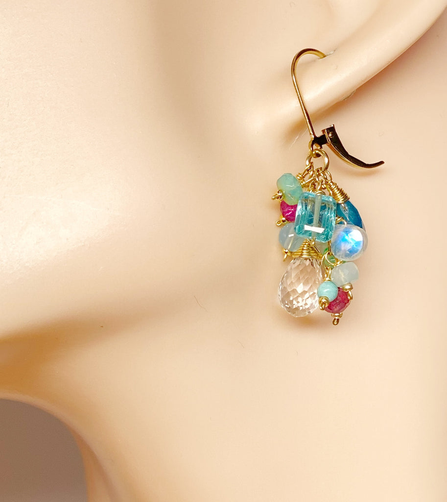 Crystal Quartz Dangle Earrings with Multi Gemstone Cluster 7
