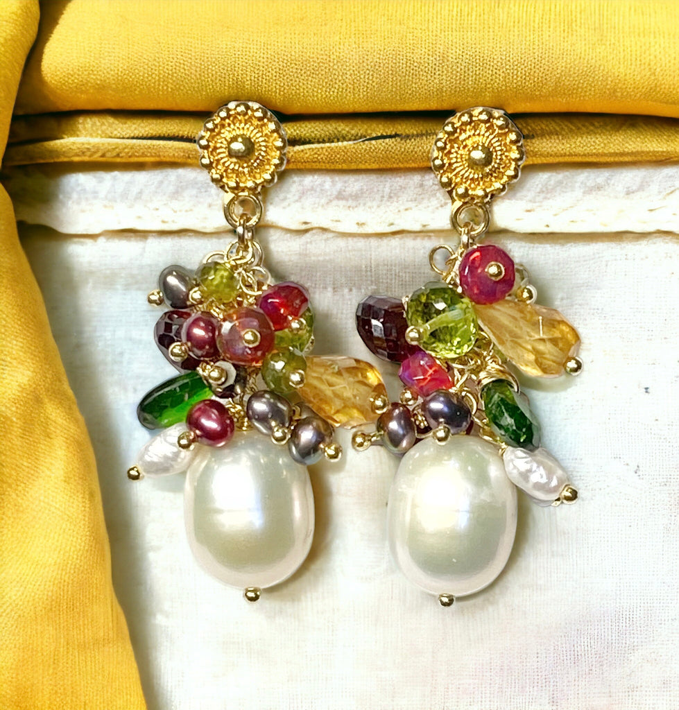 Multi-color Gemstone and Pearl Cluster Gold Post Earrings