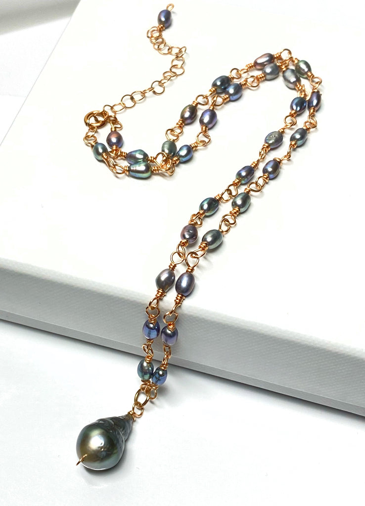 Tahitian Pearl Pendant Necklace Wire Wrapped Rosary Style Rose Gold Fill