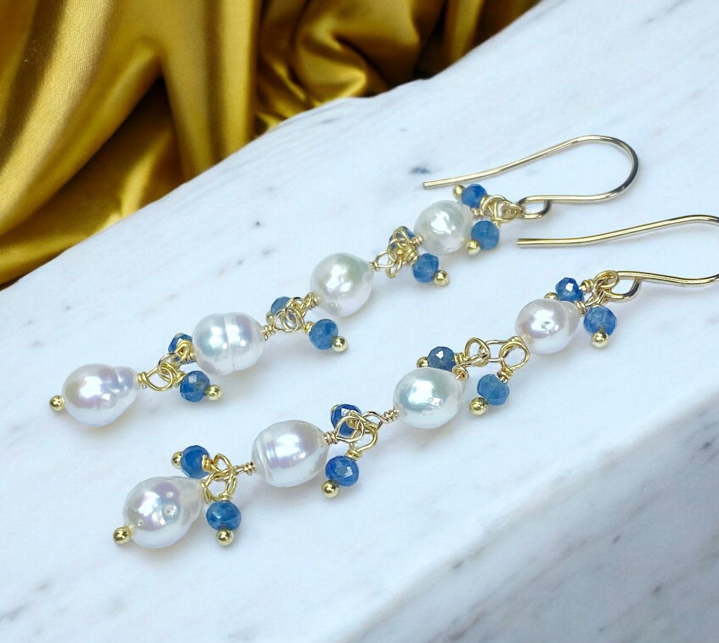 Blue Sapphire and Pearl Long Dainty Earrings Gold Fill