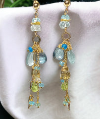 Aquamarine and Gemstone Dangle Long Earrings - Gold Fill - Doolittle