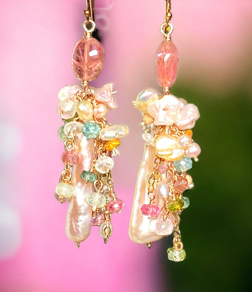 Blush Biwa Pearl Rose Gold and Tourmaline Dangle Earrings