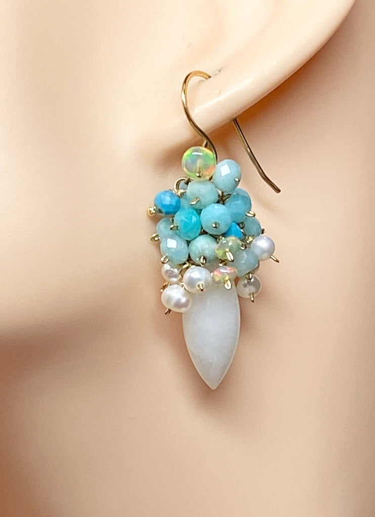 White Earrings with Amazonite Opal Pearl Clusters 2