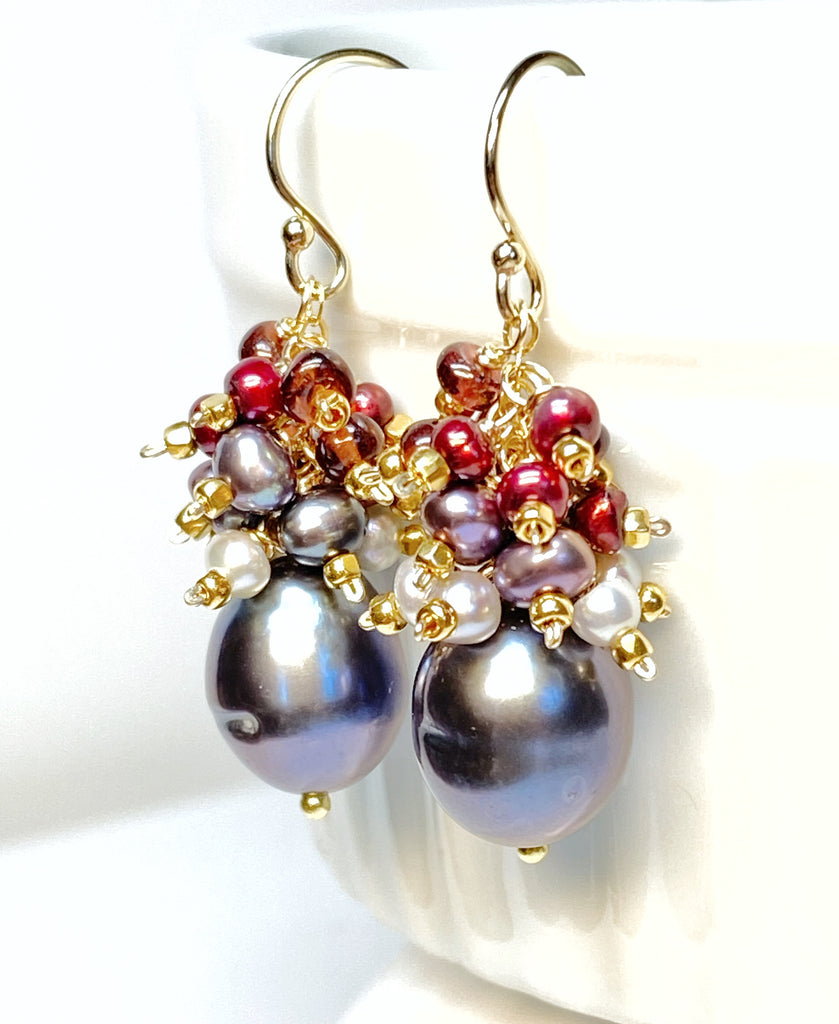 Peacock Pearl Cluster Earrings with Red Garnet in Gold Fill