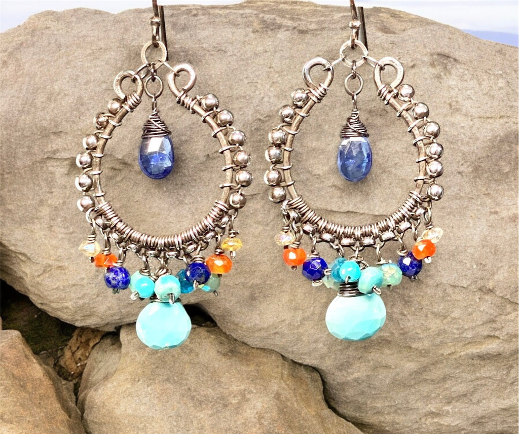 Sleeping Beauty Turquoise Chandelier Earrings, Multi Gemstone, Oxidized Sterling Silver, Handmade