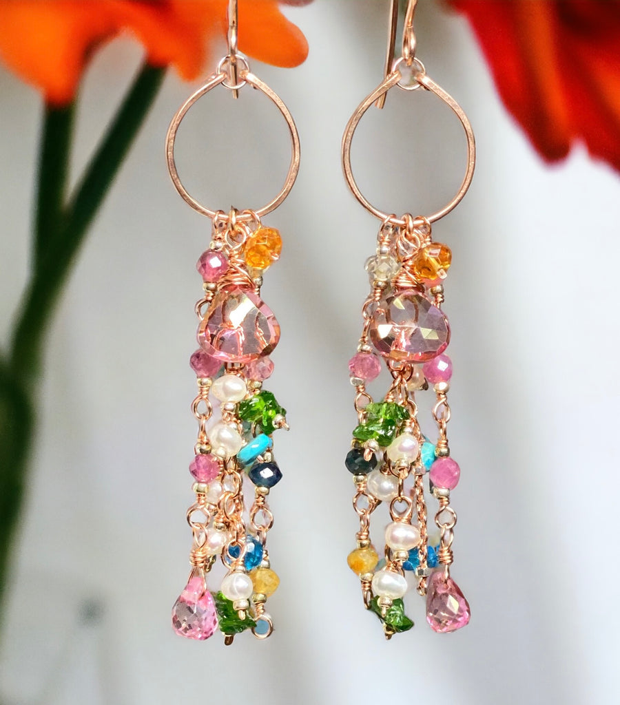 Mystic Topaz Multicolor Gemstone Long Boho Dangle Earrings Rose Gold