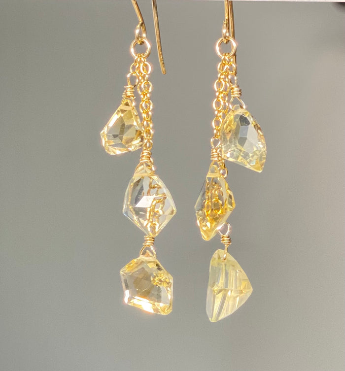 Citrine Fancy Cut Gemstone Tassel Earrings in Gold Fill