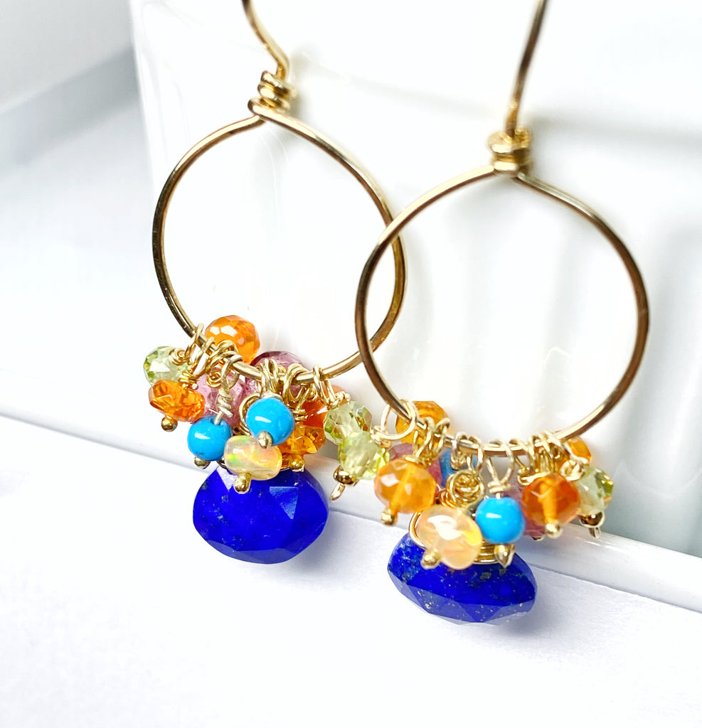 Mexican Fire Opal, Peridot, Opal and Blue Lapis Earrings Gold Fill