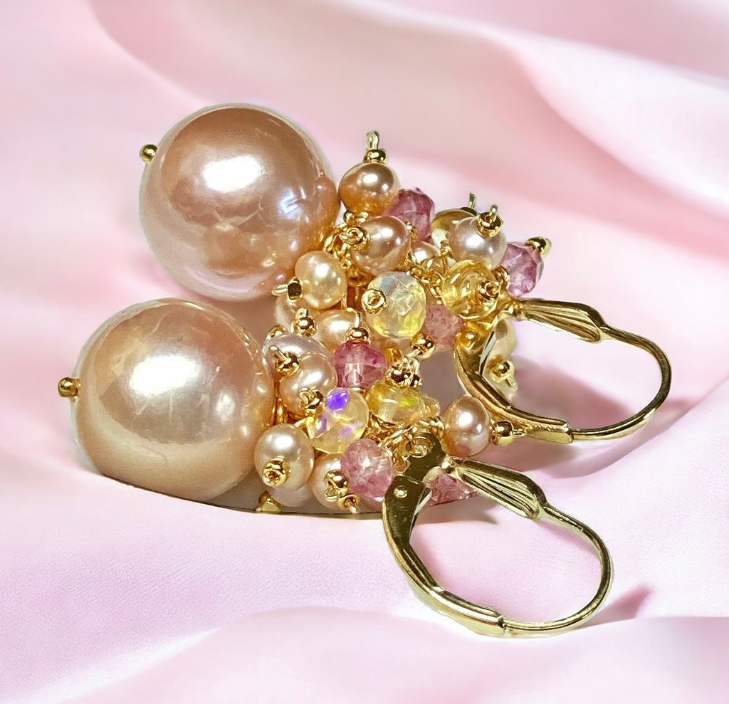 Pink Round Pearl and Gem Cluster Wedding Earrings