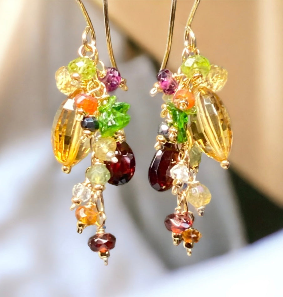 Citrine Dangle Earrings with Multi Gemstone Cluster, Garnet, Opal, Chrome Diopside