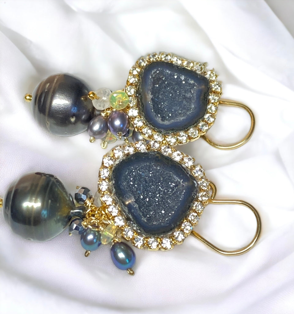 Black Tabasco Geode Earrings with Tahitian Pearls and Opal Clusters