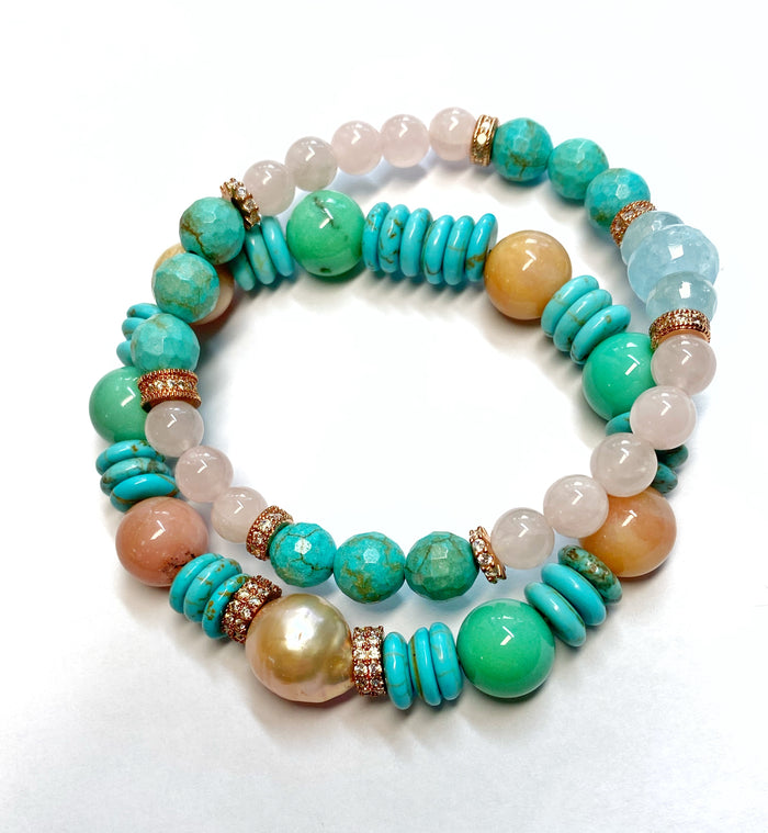 Turquoise Rose Quartz Aquamarine Stretch Bracelet Set of 2 Rose Gold