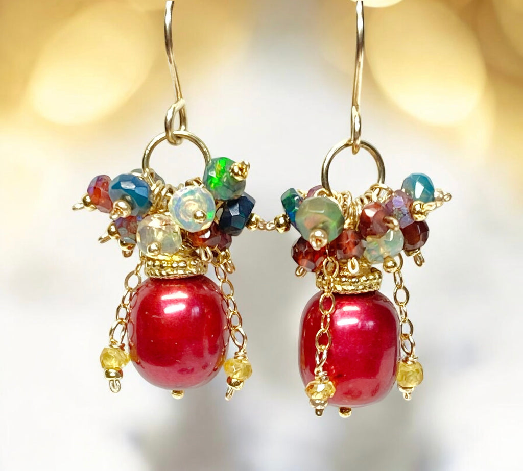 Red Pearl, Opal and Garnet Cluster Earrings Gold Fill