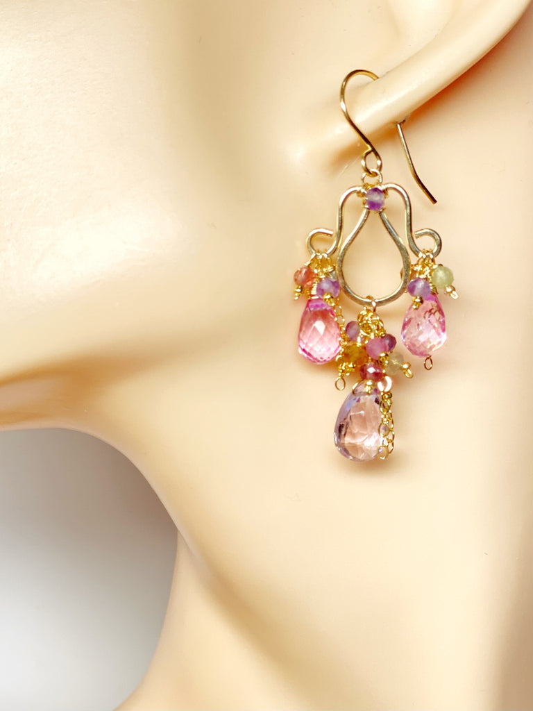 Pink, Lavender, Tourmaline Chandelier Earrings in Gold Fill