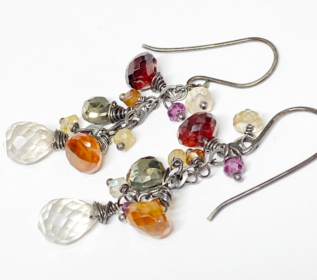 Garnet Oxidized Silver Multicolor Gem Dangle Earrings