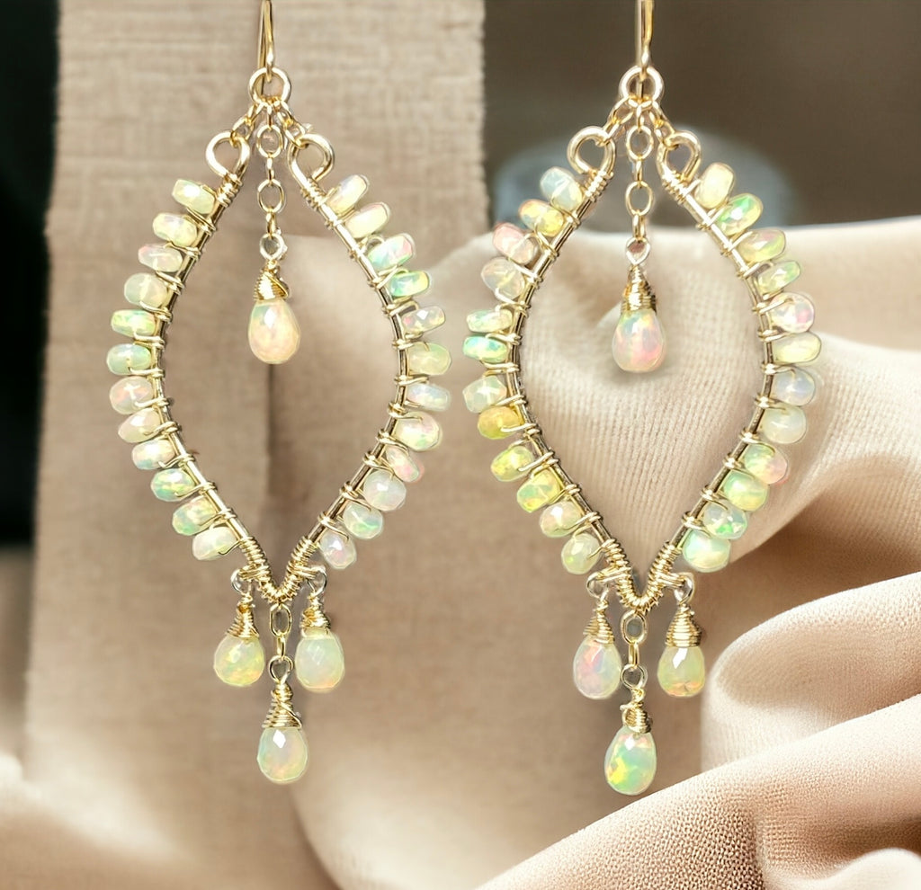 Ethiopian Opal  Hoop Chandelier Earrings, Gold Fill