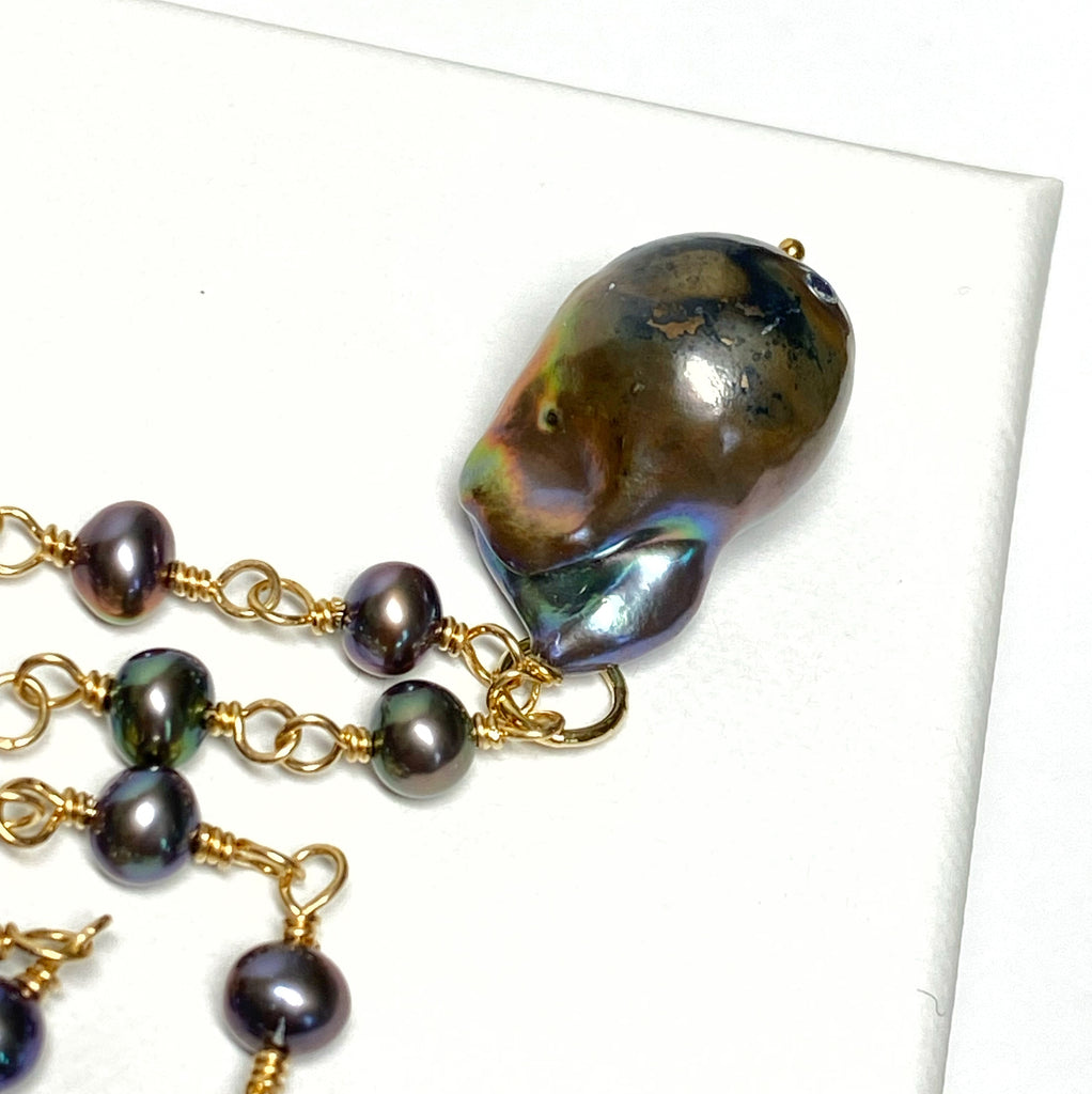 Dainty Black Baroque Peacock Pearl Pendant Necklace 14 kt Gold Fill