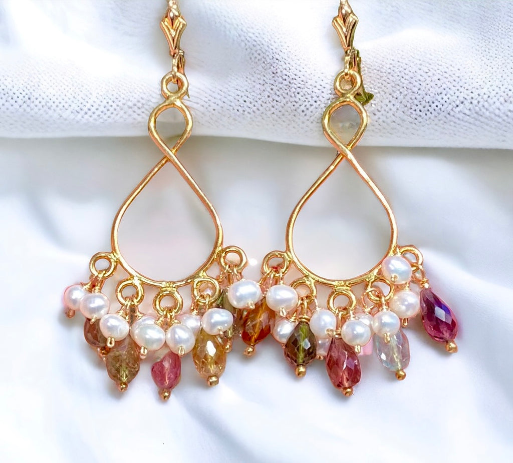 Tourmaline and Pearl Gold Chandelier Earrings
