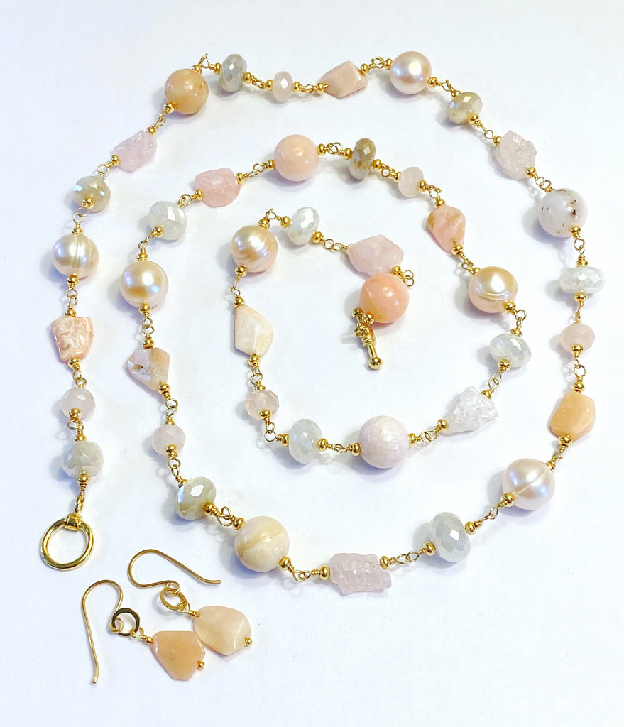 Pink Blush Gemstone and Pearl Long Necklace Gold Fill Wire Wrap