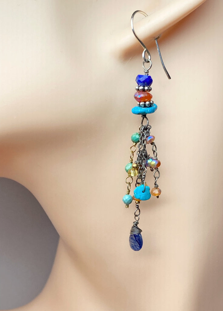 Multi Gemstone Gem Dangle Earrings, Tassel Style, Turquoise, Lapis, Carnelian, Sterling Silver