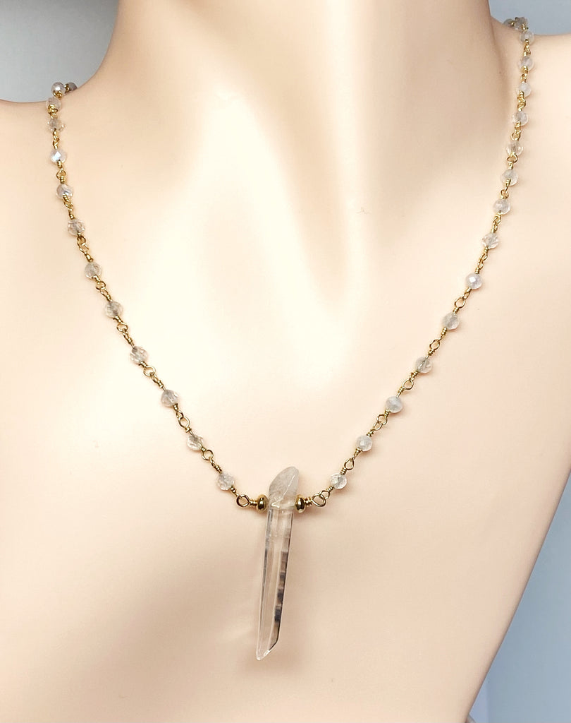 Dainty Rainbow Moonstone and Crystal Quartz Necklace Gold