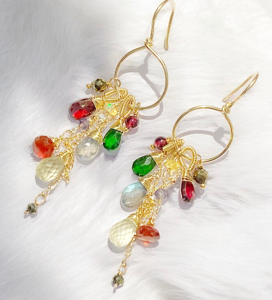 Garnet Colorful Gemstone Gold Hoop Dangle Earrings