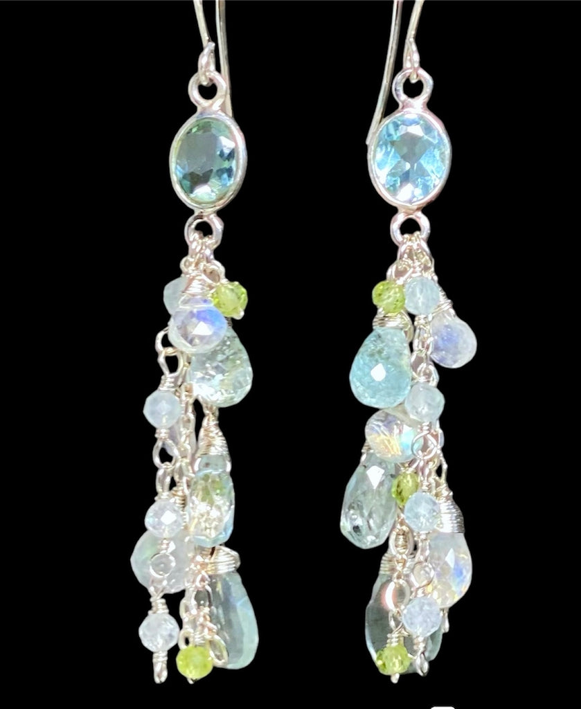 Blue Topaz, Peridot Long Gem Dangle Earrings Sterling Silver