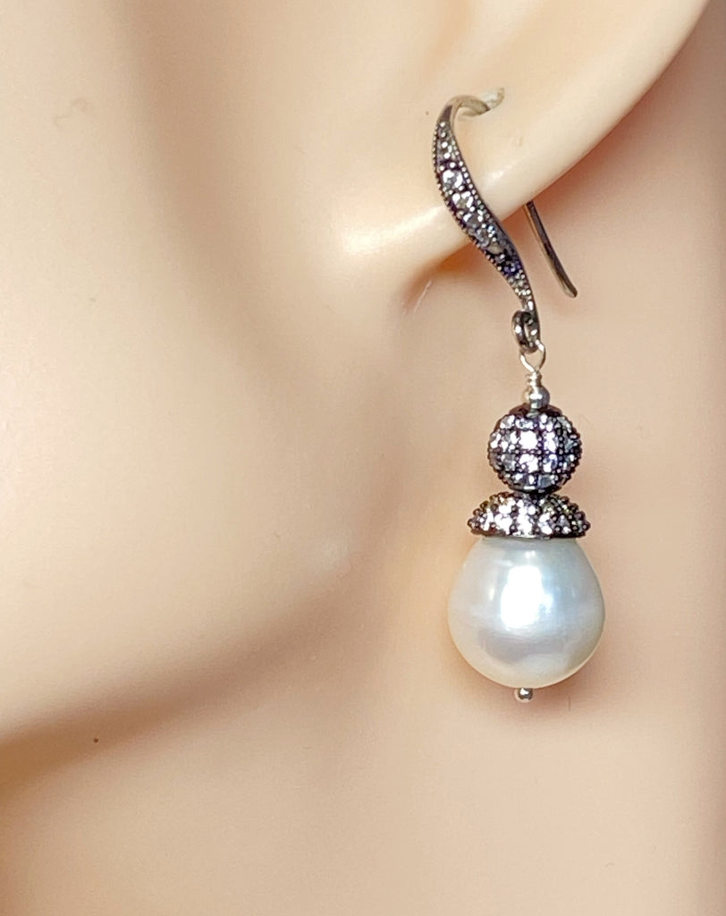 White Pearl Drop Earrings Pave CZ Oxidized Silver