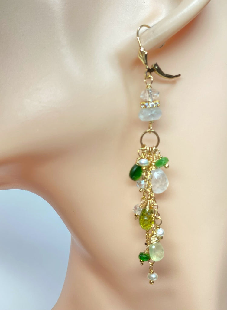 Green Gemstone Boho Dangle Earrings Peridot Chrome Diopside Tsavorite Gold 2