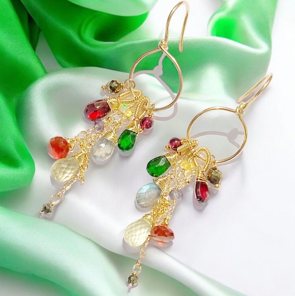 Garnet Colorful Gemstone Gold Hoop Dangle Earrings