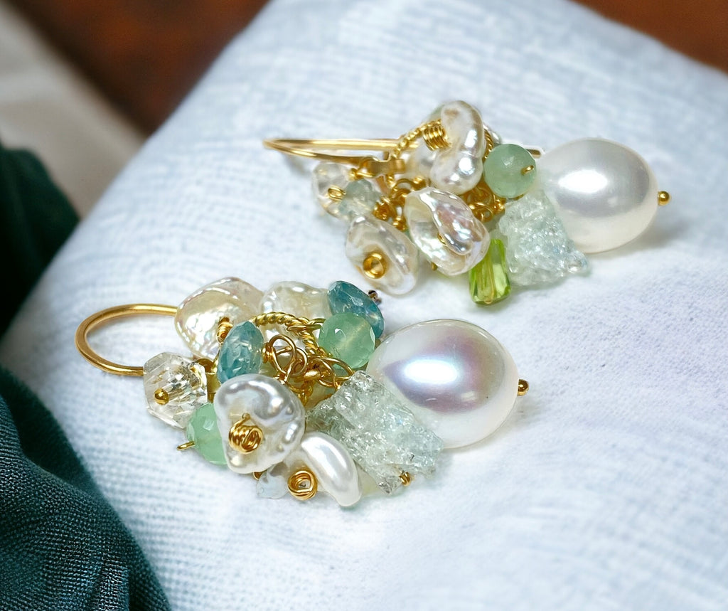 Ivory Baroque Pearl Earrings Clusters of Aquamarine, Peridot, Herkimer Diamond Quartz