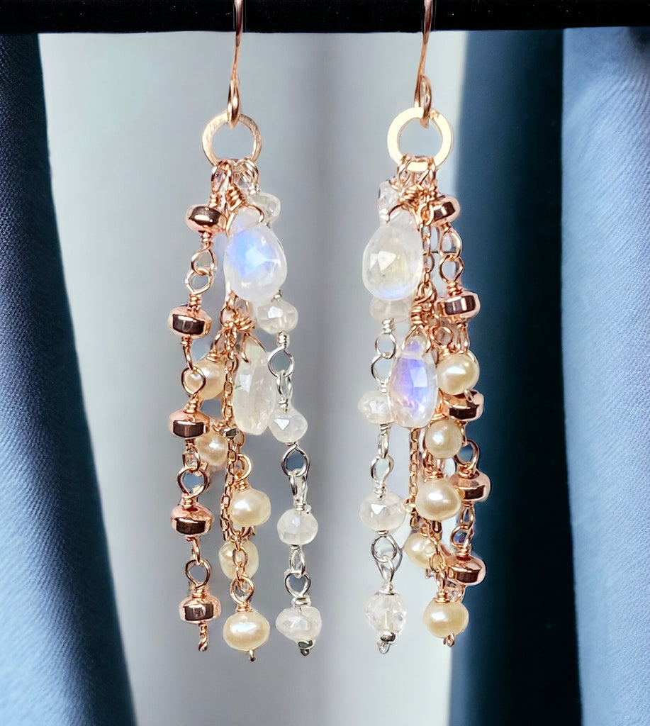 Rose Gold Dainty Moonstone, Pearl Romantic Boho Dangle Earrings