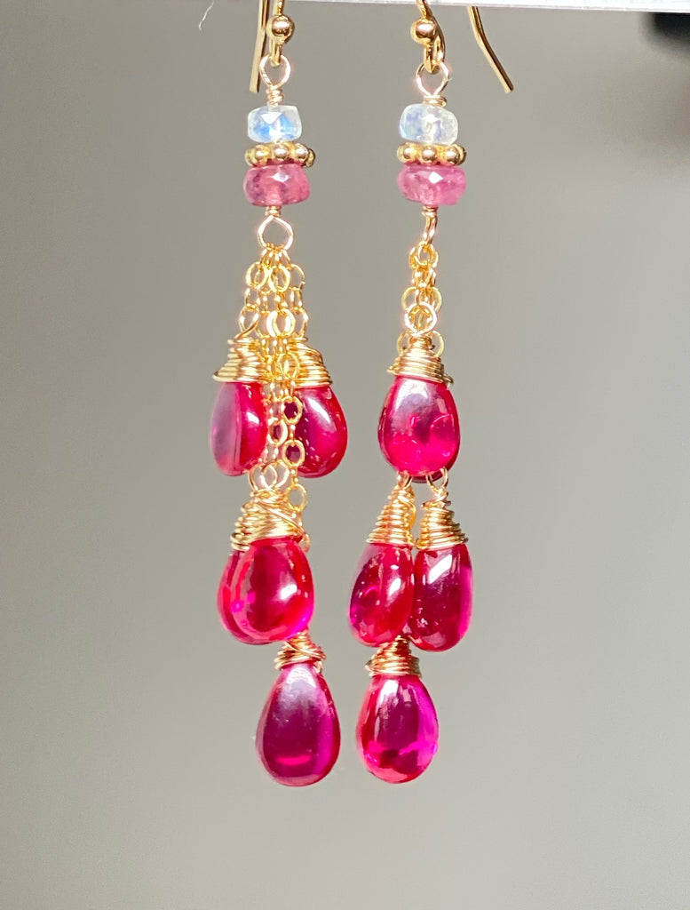 Pink Rubellite Tassel Earrings, Gold Fill