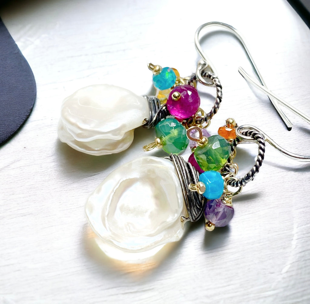 Keishi Pearl Earrings with Colorful Gems and Mixed Metals