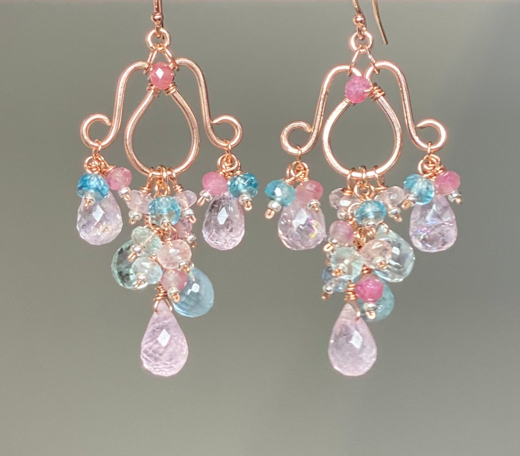 aquamarine, morganite handmade rose gold fill chandelier earrings with pink tourmaline