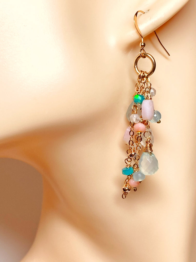 Rose Gold Fill Long Dangle Earrings with Aqua Chalcedony and Pink Opal