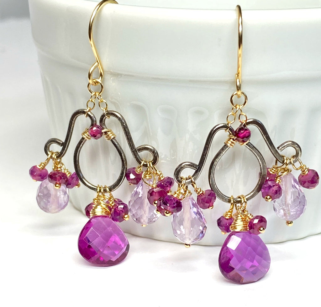 Mixed Metal Chandelier Earrings in Garnet, Pink Amethyst, Violet Quartz