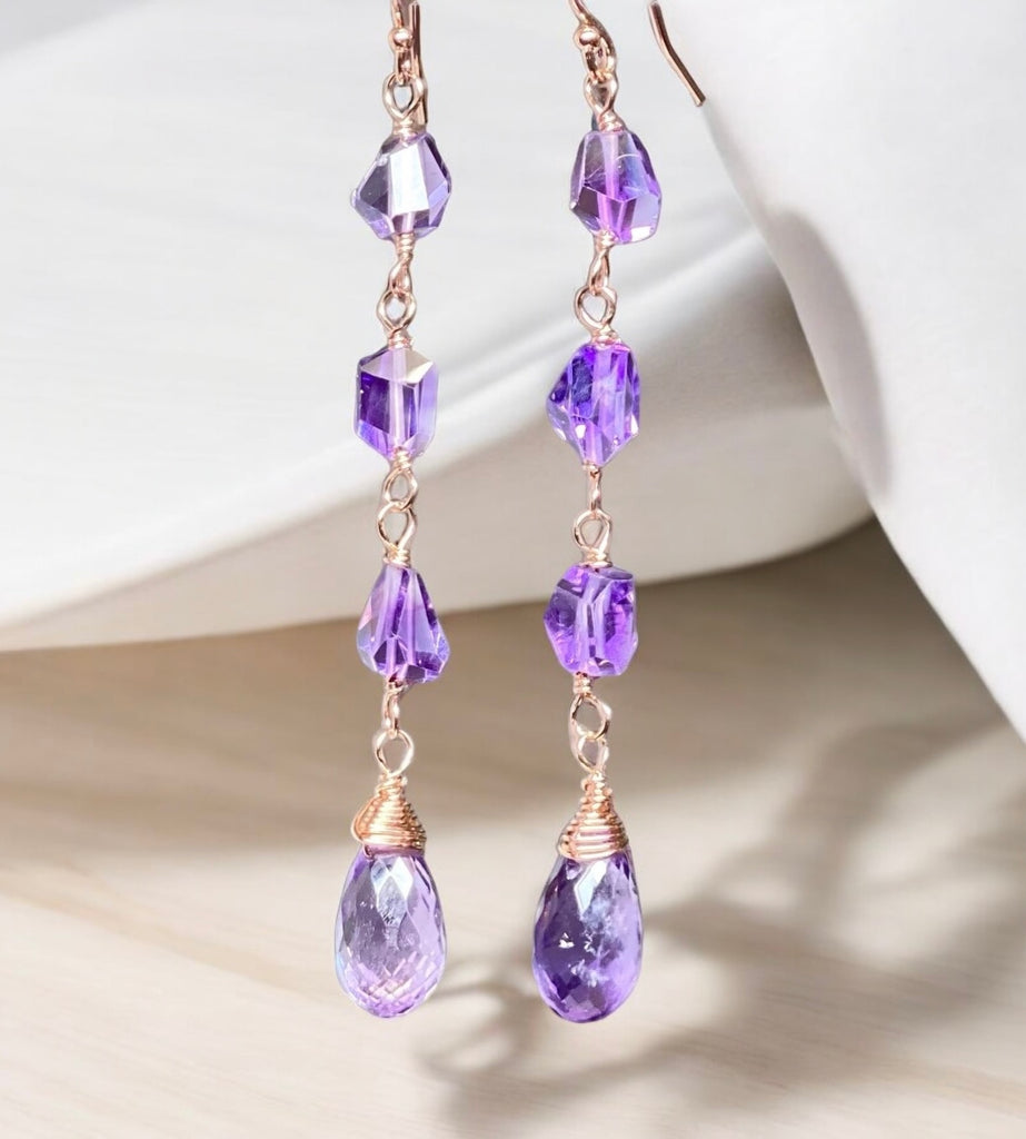 Amethyst Gemstone Nugget Dangle Earrings Rose Gold Fill 2