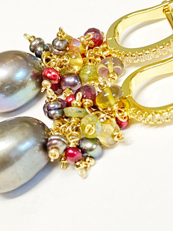 Grey Pearl Earrings with Colorful Gemstone Clusters in 14 kt Gold Fill