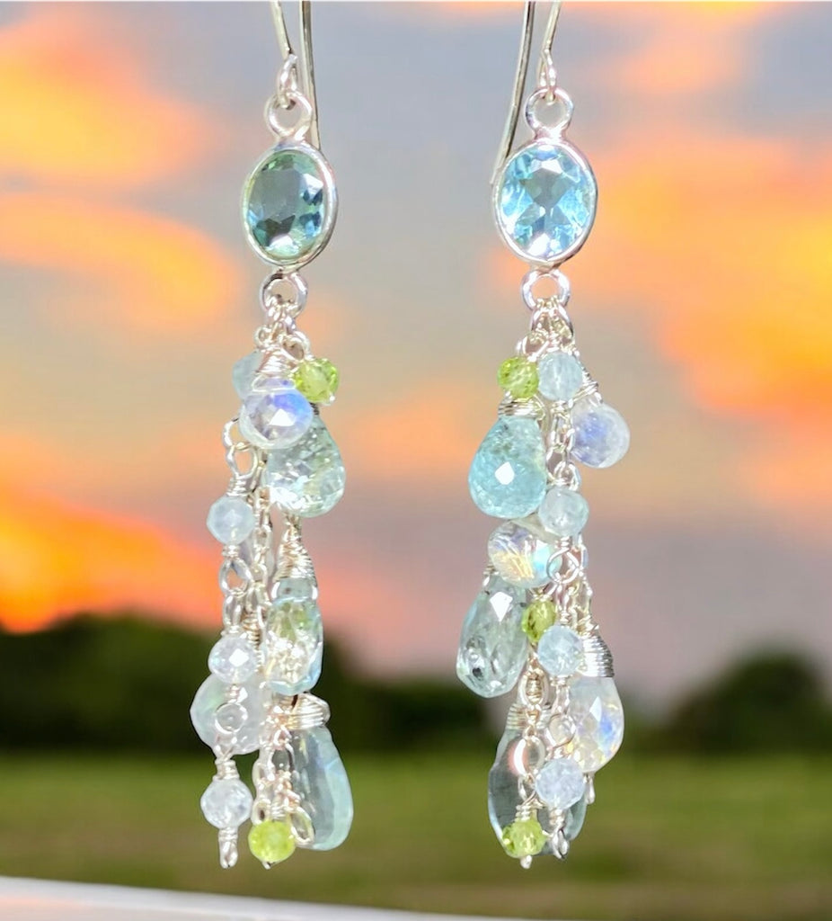 Blue Topaz, Peridot Long Gem Dangle Earrings Sterling Silver