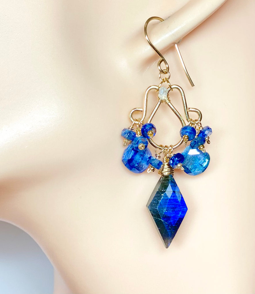 Blue Labradorite, Kyanite Handmade Chandelier Earrings, Gold Fill