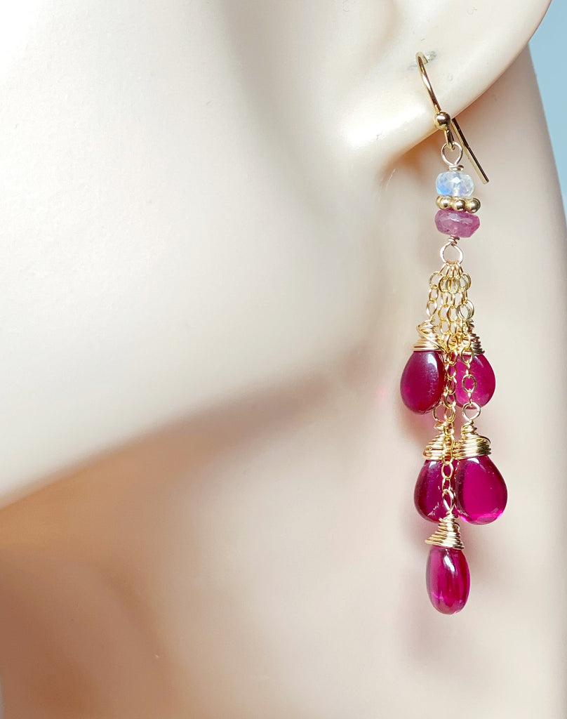 Pink Rubellite Tassel Earrings, Gold Fill