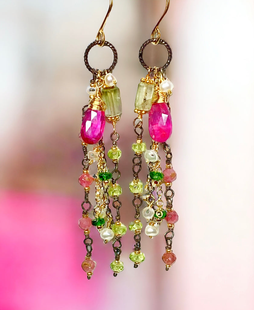 Pink Sapphire, Peridot and Tourmaline Gemstone Long Dangle Earrings