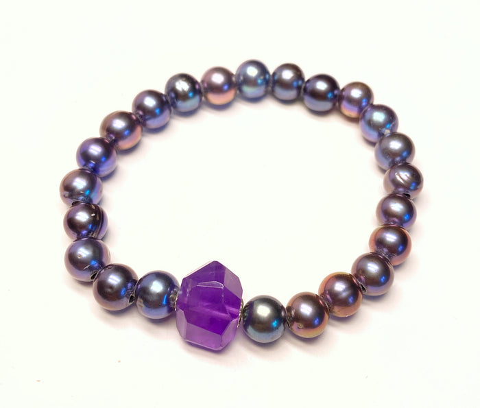 Amethyst Nugget Peacock Pearl Stretch Bracelet