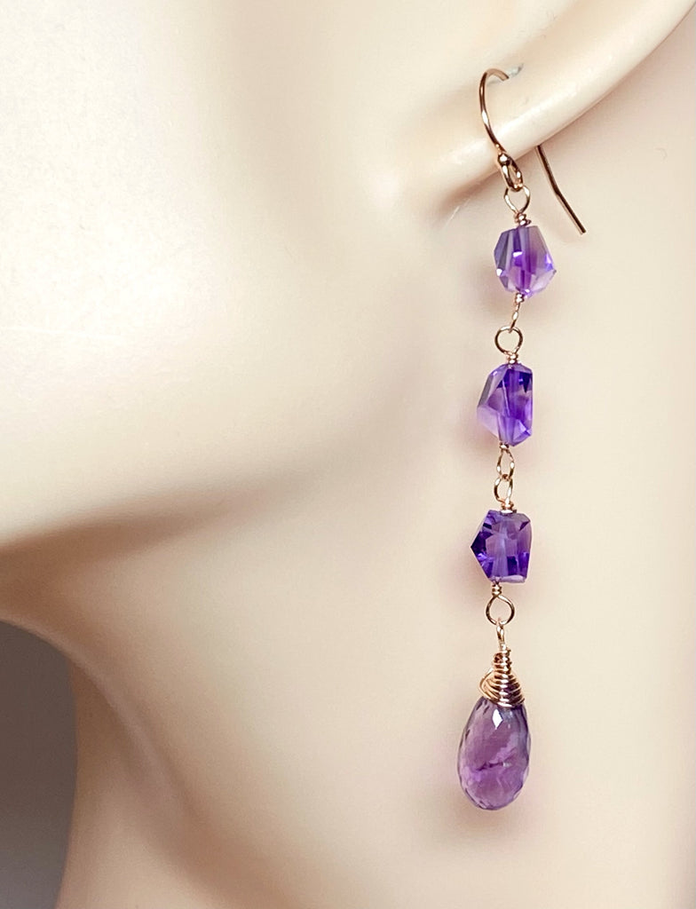 Amethyst Gemstone Nugget Dangle Earrings Rose Gold Fill 2