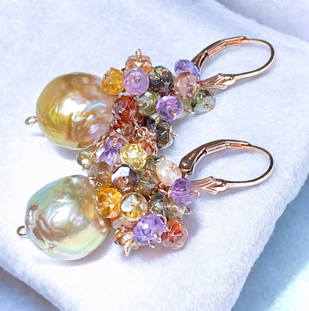 Multi Gemstone Cluster and Pond Slime Gold White Pearl Earrings Rose Gold