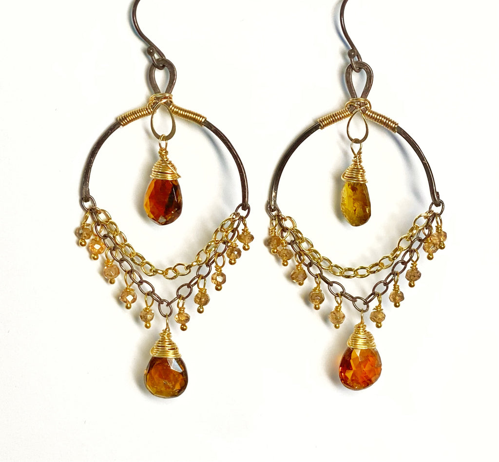 boho style handmade chandelier earrings with cognac dravite tourmalines on mixed metals
