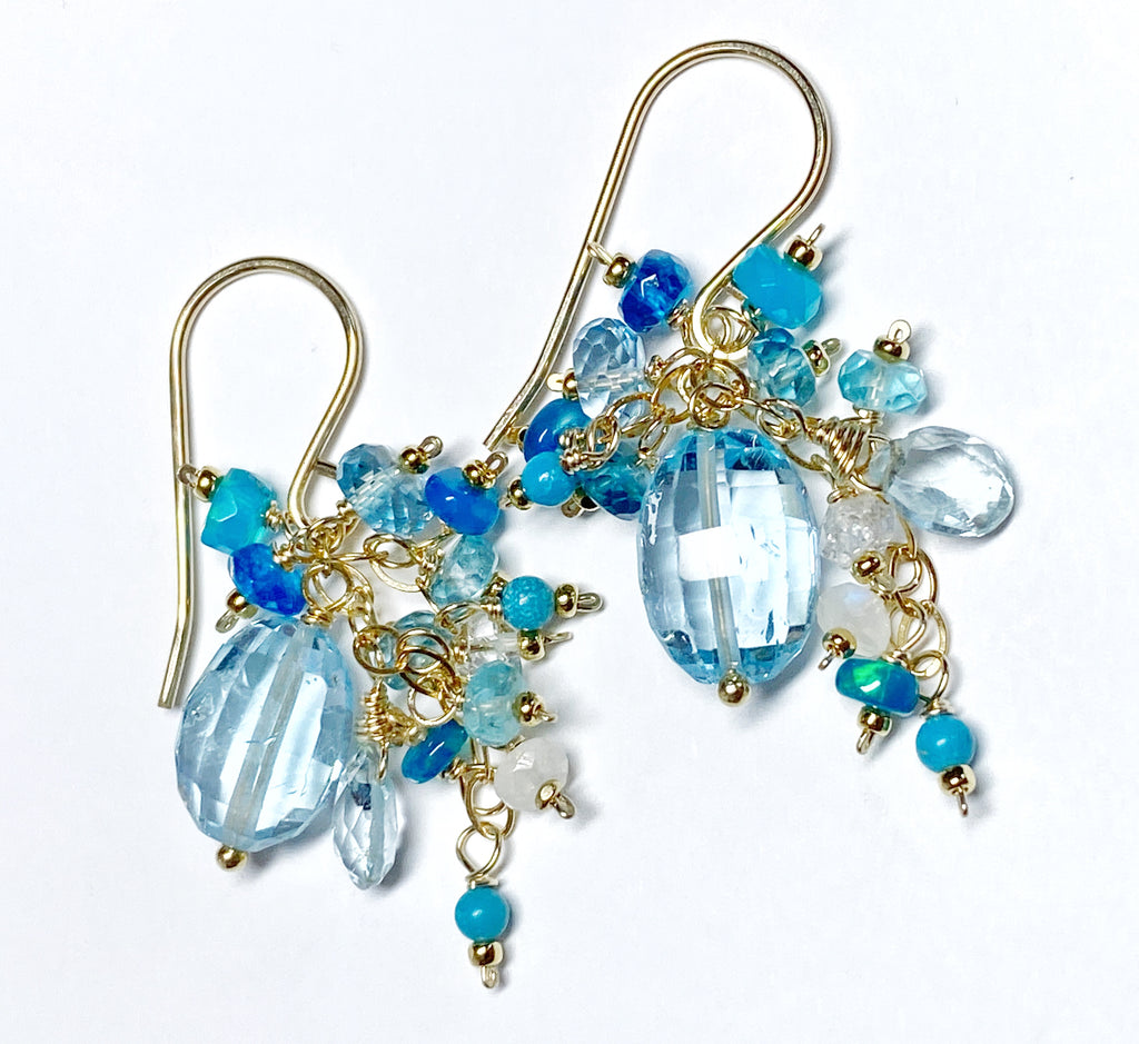 Blue Topaz Dangle Earrings with Multi Gemstone Cluster, Opal, Apatite, Herkimer Diamonds